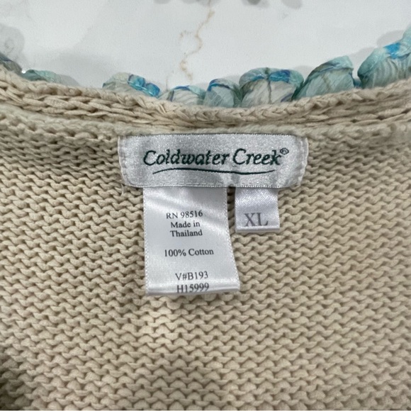 Coldwater Creek Ivory Cardigan Sweater with Blue Floral Ruffle Trim - Picture 8 of 10